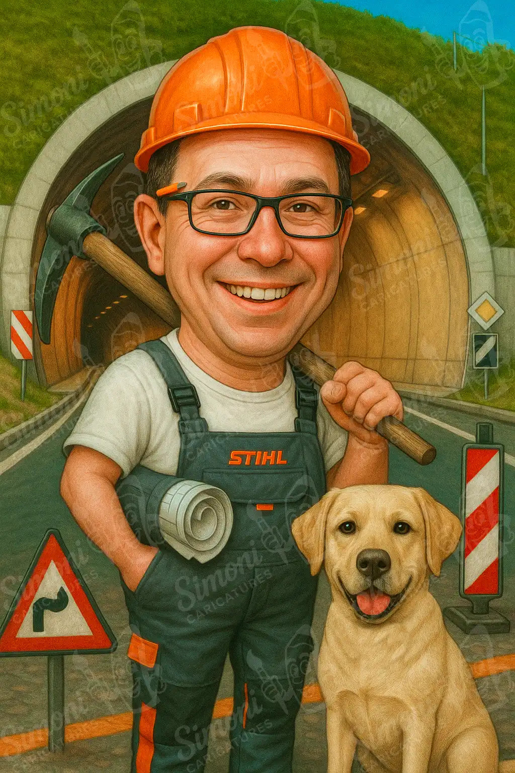 Карикатура на строителен работник с каска и очила, държащ кирка и планове, с усмивка и жълто куче до него пред тунел - персонализиран портрет от Simoni Caricatures с детайлна работна обстановка.